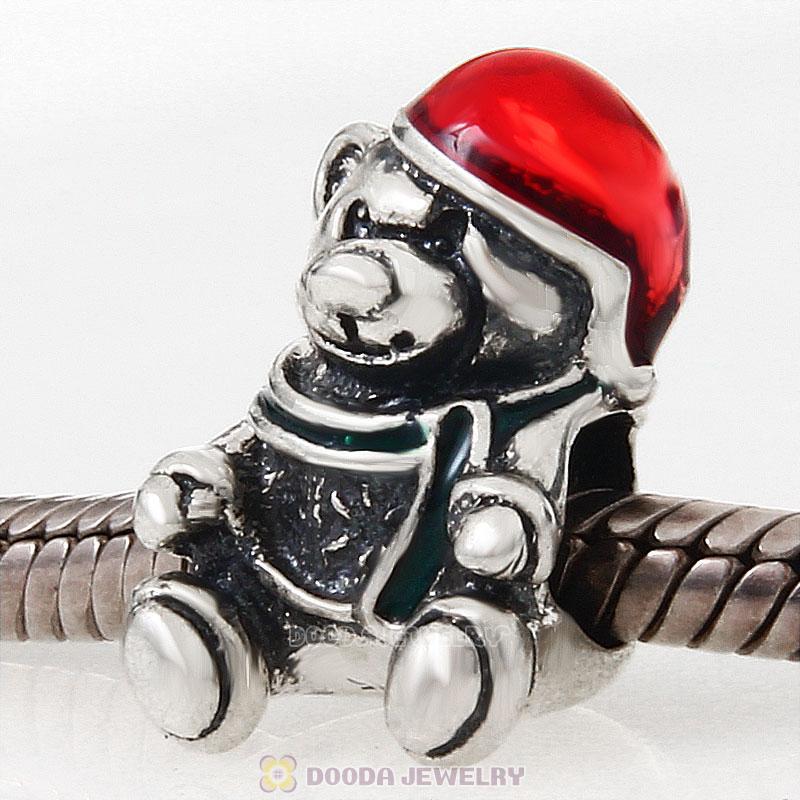 925 Sterling Silver Christmas Bear Wearing Red Hat Charm Bead