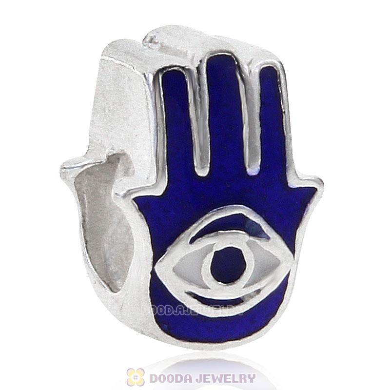 925 Sterling Silver Hamsa Hand Charm Bead with Blue Enamel