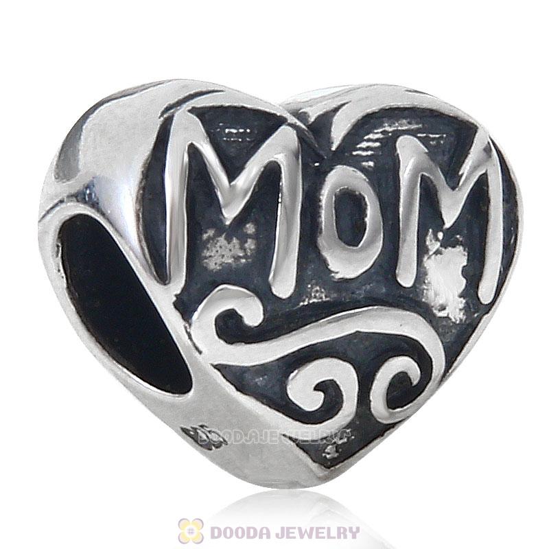 Antique 925 Sterling Silver Love Mom Heart Charm Bead
