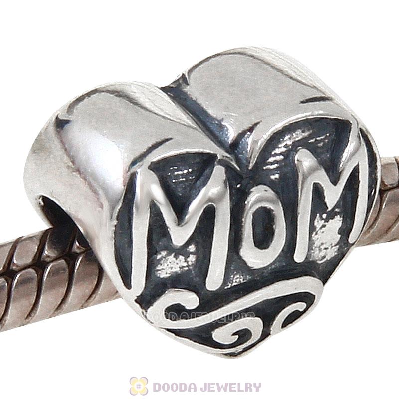 Antique 925 Sterling Silver Love Mom Heart Charm Bead