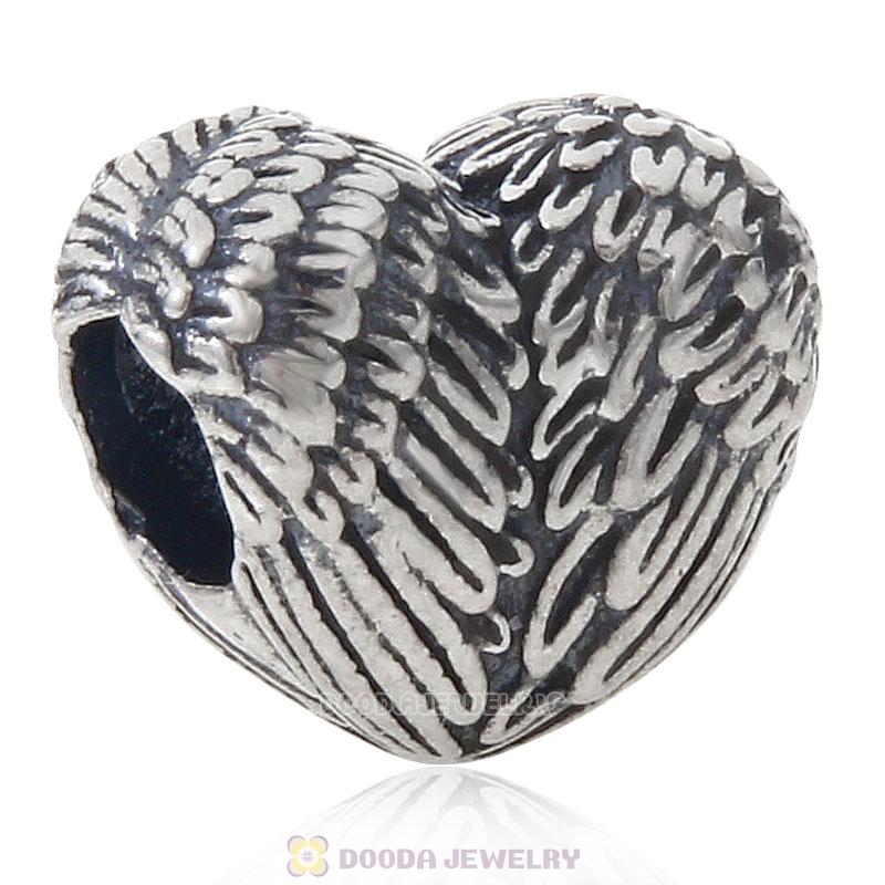 Antique 925 Sterling Silver Angelic Feathers Heart Charm Bead