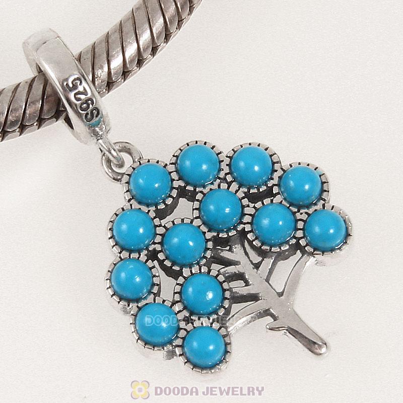 925 Sterling Silver Dangle Natural Turquoise Family Tree Charm 