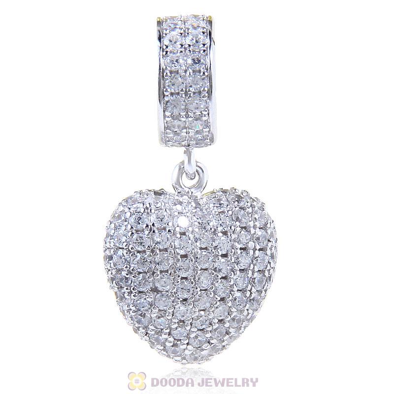 925 Sterling Silver Love Heart Dangle Bead with Pave Clear Cz