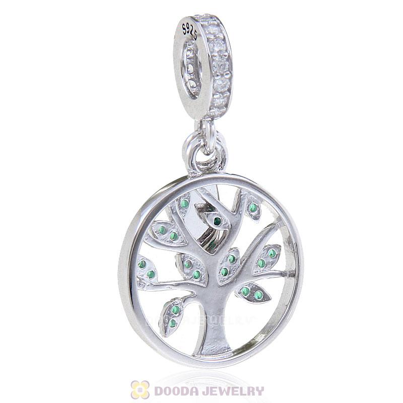 925 Sterling Silver Family Tree Dangle with Green CZ Charm
