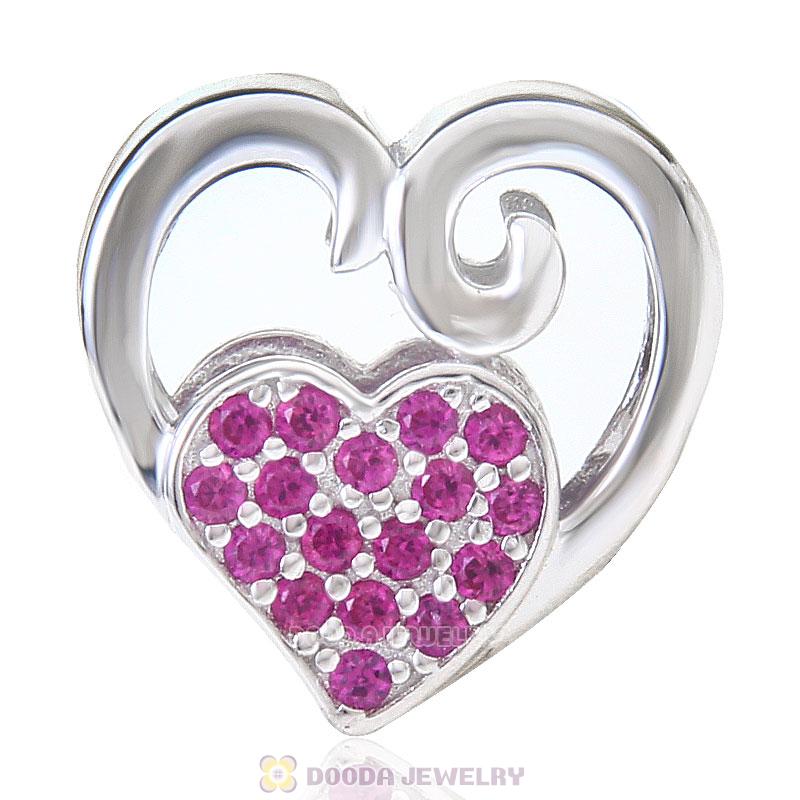 925 Sterling Silver Double Heart Love Bead Charm with Fuchsia Stone