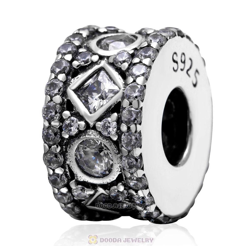 European 925 Sterling Silver Sparkling Spacer Charm Bead with Clear Stone 