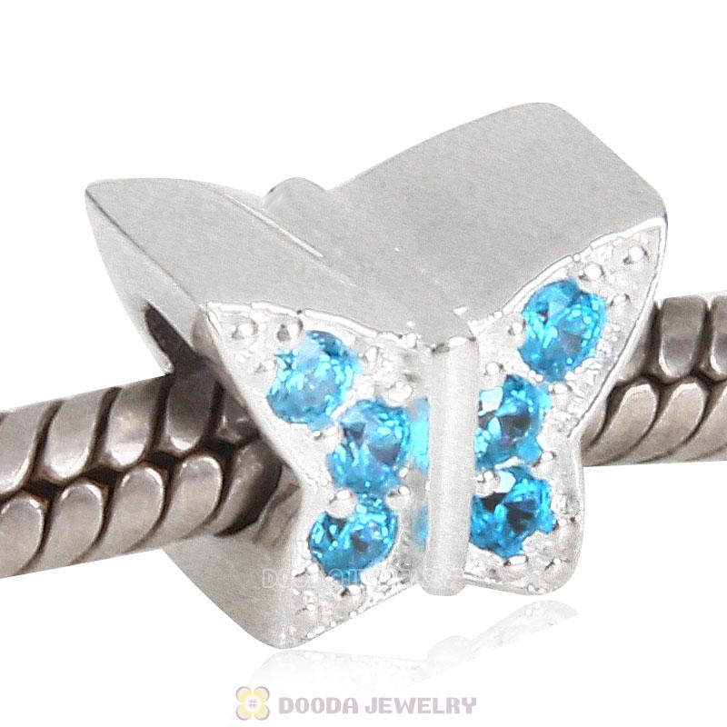 S925 Sterling Silver Butterfly Charm Jewelry Beads with Blue Stone