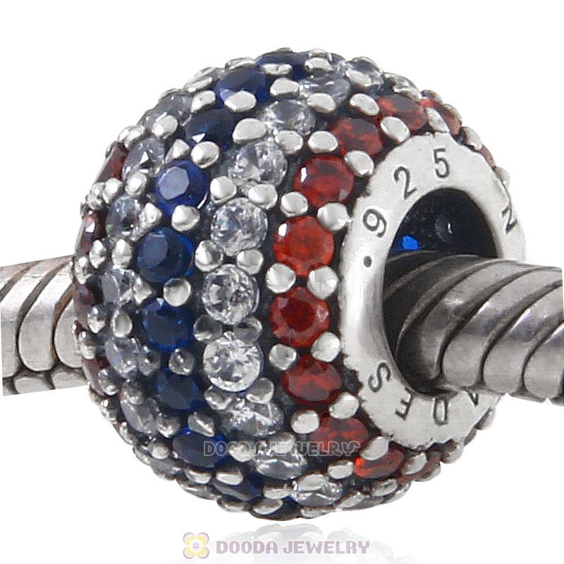 925 Sterling Silver Red White and Blue Cz Birthstone Bead