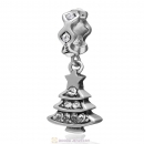 925 Sterling Silver Merry Christmas Tree Dangle Charm with Clear Crystal