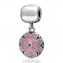 925 Sterling Silve Pink Enamel Clover Dangle Clip Bead with Pink CZ
