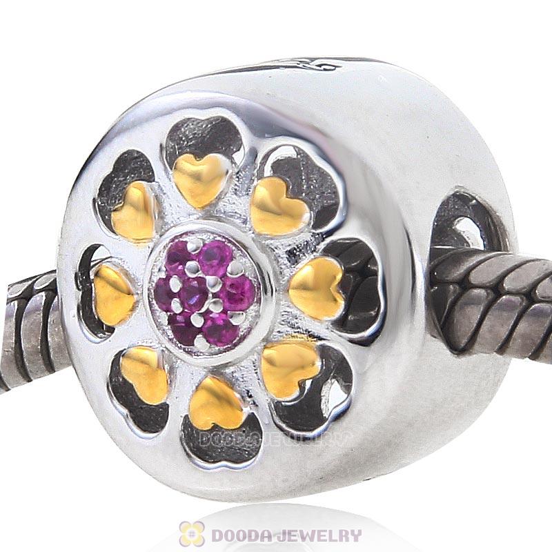 Fuchsia Stone 925 Sterling Silver with Gold Plated Love Charm Bead