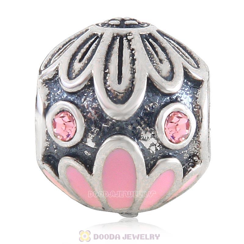 925 Sterling Silver Pink Daisy Flower Charm Bead with Pink Crystal