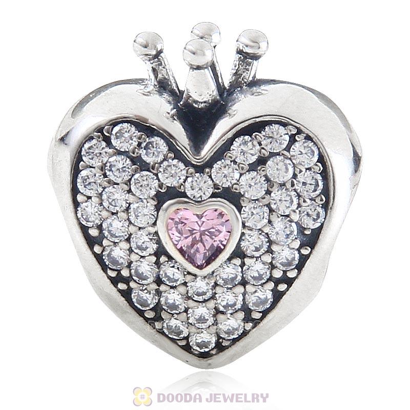 925 Sterling Silver Heart with Crown Charm Bead with Stone