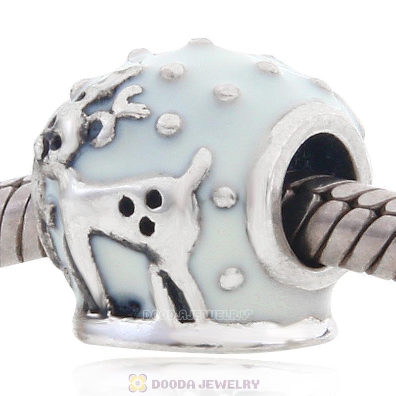 925 Sterling Silver Merry Christmas Reindeer White Enamel Charm Bead 