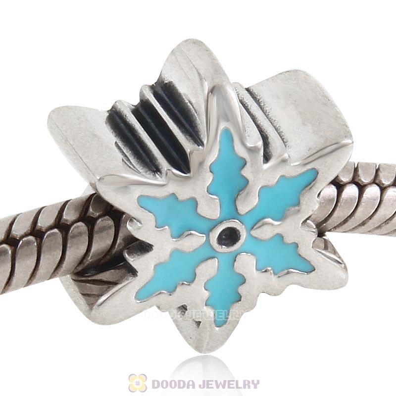 925 Sterling Silver Blue Snowflake Charm Bead with Clear Crystal