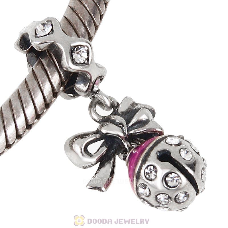 925 Sterling Silver Merry Christmas Bell Enamel Charm with Clear Crystal