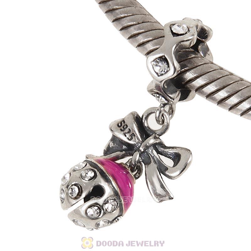 925 Sterling Silver Merry Christmas Bell Enamel Charm with Clear Crystal