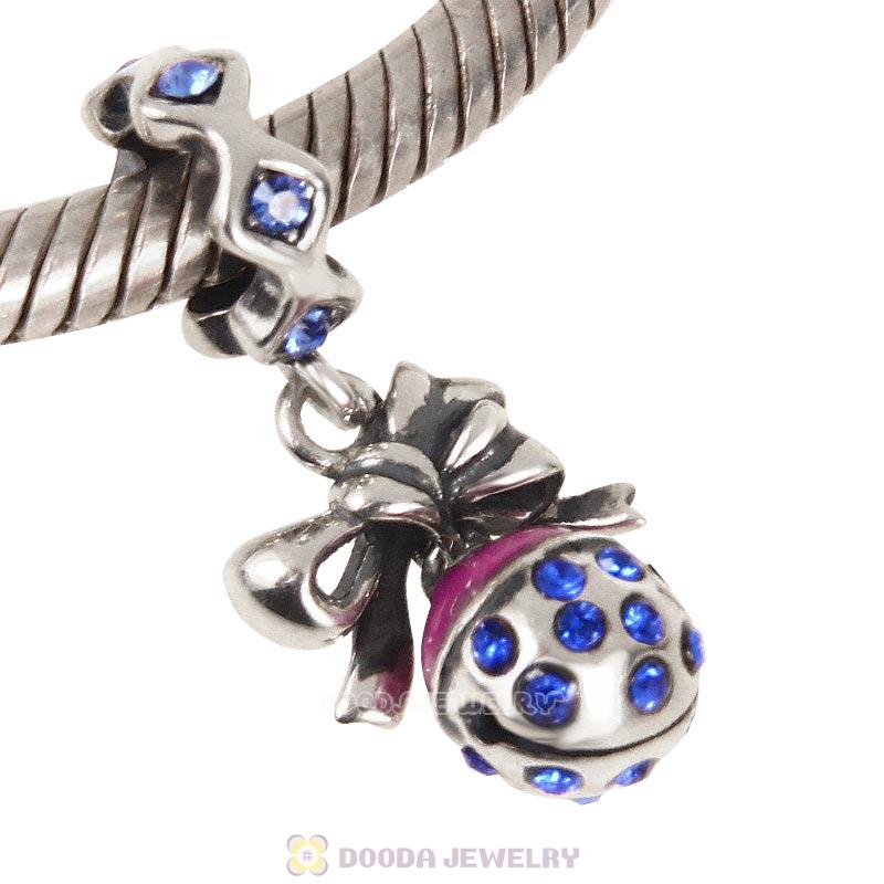 925 Sterling Silver Merry Christmas Bell Enamel Charm with Sapphire Crystal