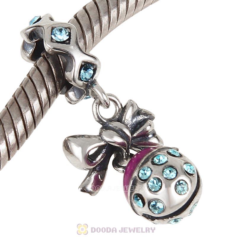925 Sterling Silver Merry Christmas Bell Enamel Charm with Aquamarine Crystal