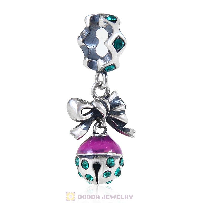 925 Sterling Silver Merry Christmas Bell Enamel Charm with Emerald Crystal