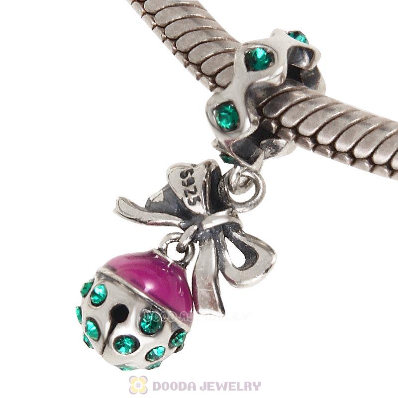 925 Sterling Silver Merry Christmas Bell Enamel Charm with Emerald Crystal