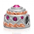 925 Sterling Silver Rose Gold Birthday Cake Charm Bead with Fuchsia Crystal