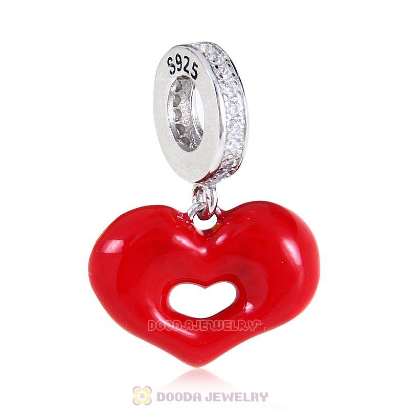 925 Sterling Silver Red Lip Love Kiss Dangle Heart Charm