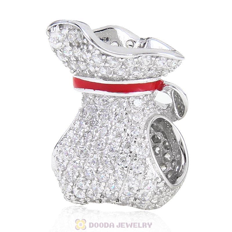 925 Sterling Silver Sparkling Bag Charm with Red Ribbon Bead