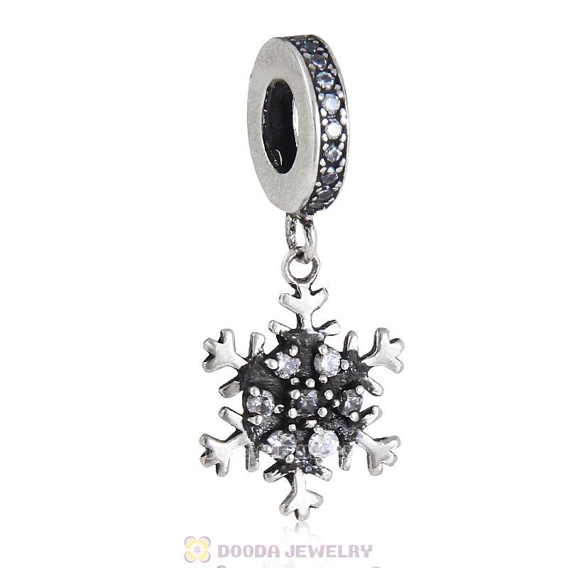 925 Sterling Silver Winter Snowflake Dangle Charm with Clear Cz