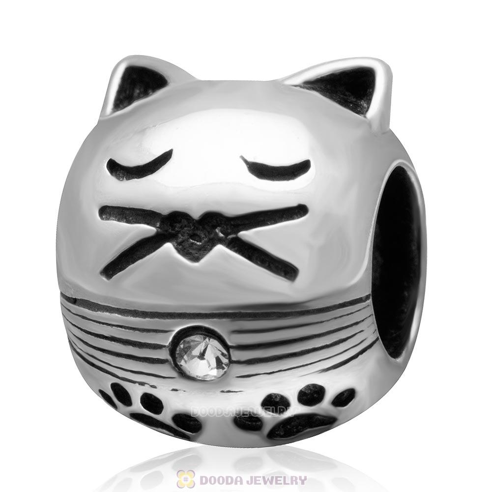 Clear Crystal 925 Sterling Silver Cute Cat with Pawprint Charm Bead