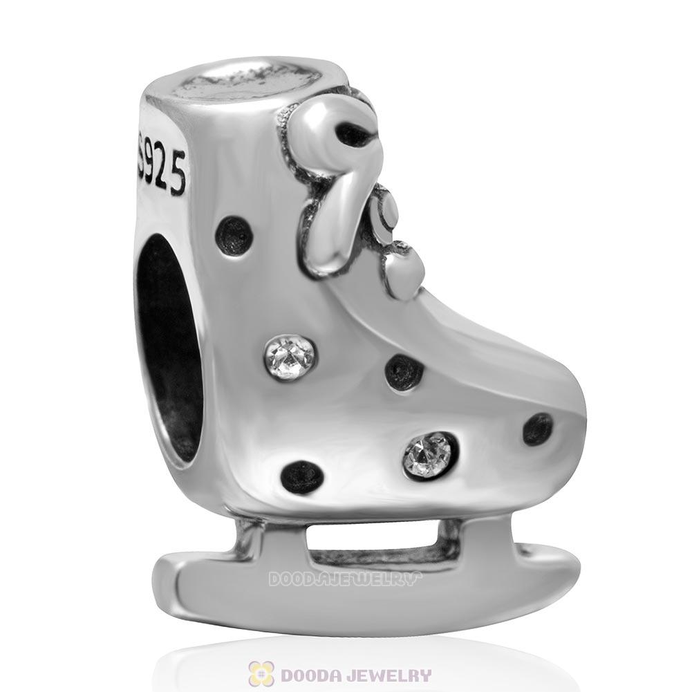 925 Sterling Silver Ski Boot European Charm Bead with Clear Crystal