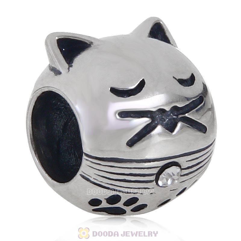 Clear Crystal 925 Sterling Silver Cute Cat with Pawprint Charm Bead