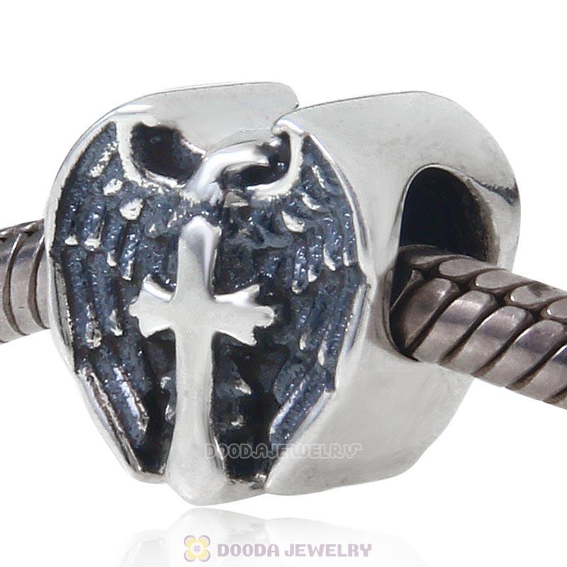Prayer Cross Heart Charm Antique 925 Sterling Silver Bead