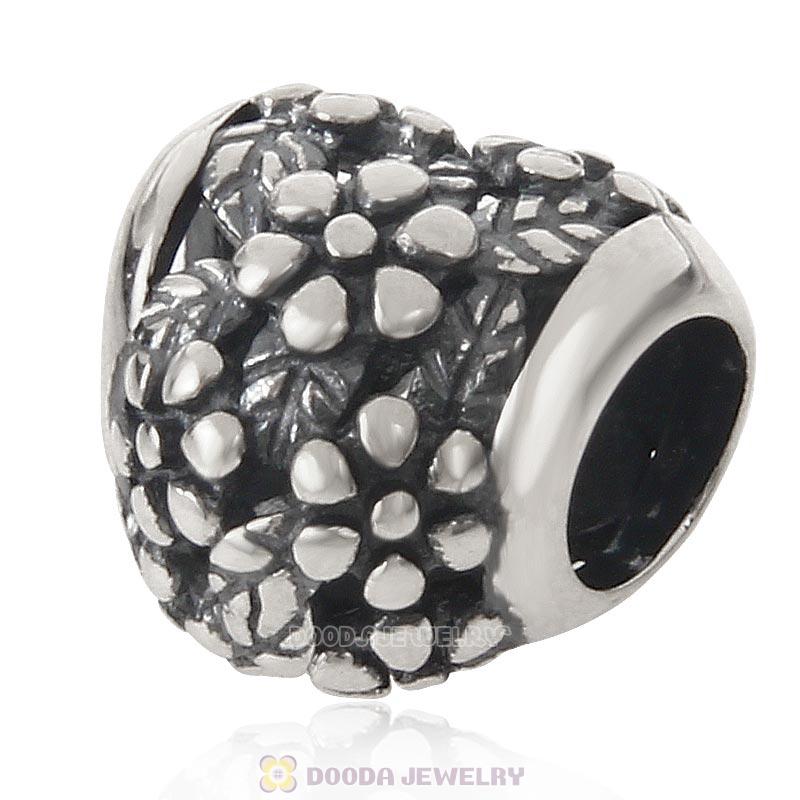 Flower in Heart Charm Antique 925 Sterling Silver Bead