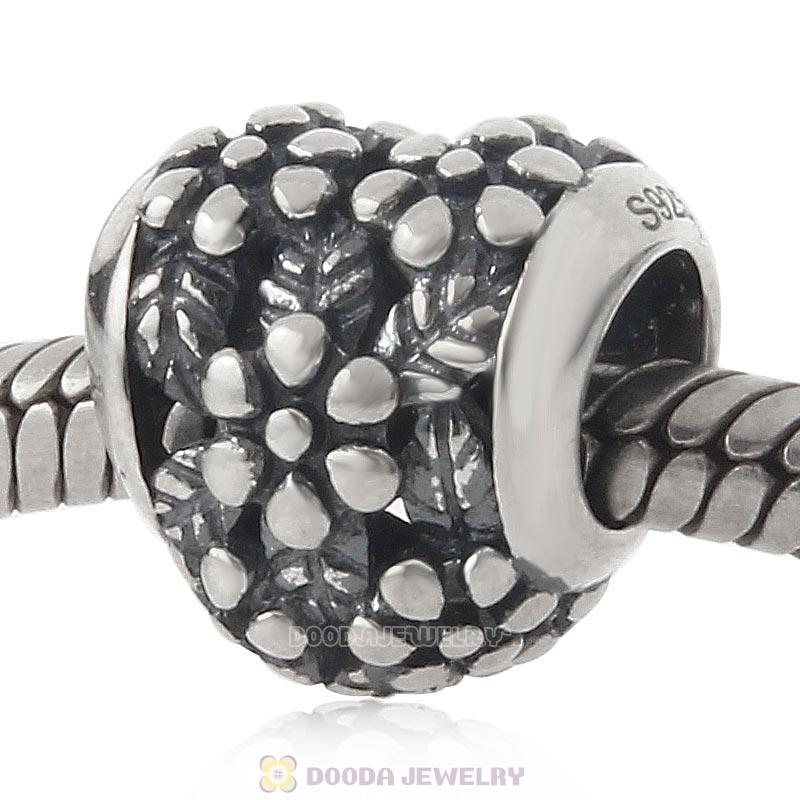 Flower in Heart Charm Antique 925 Sterling Silver Bead