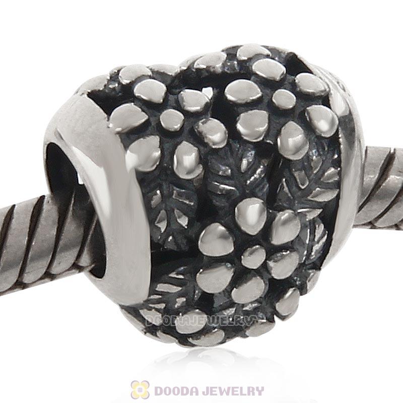 Flower in Heart Charm Antique 925 Sterling Silver Bead