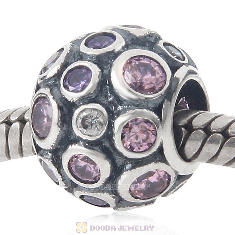 925 Sterling Silver Cubic Zirconia Bead with Clear Pink and Purple