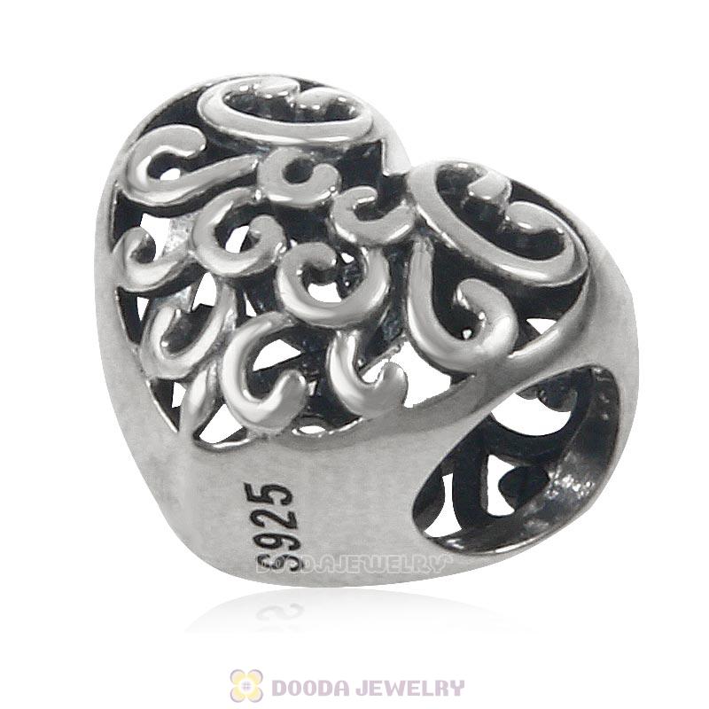 925 Sterling Silver Filigree Heart Charm Antique Style