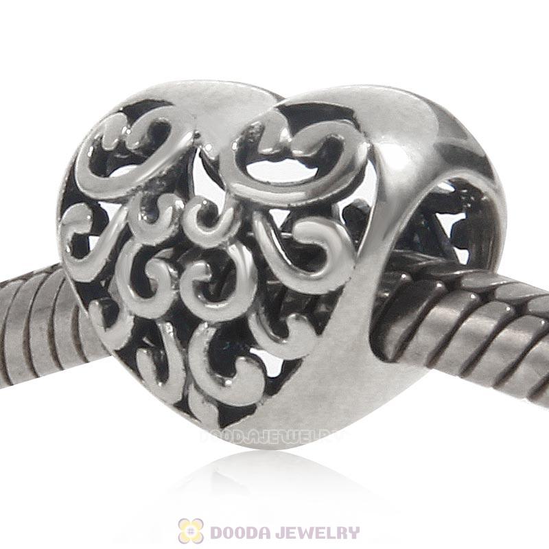 925 Sterling Silver Filigree Heart Charm Antique Style
