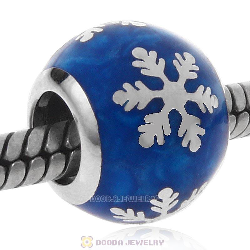 925 Sterling Silver Xmas Snowflake Bead with Blue Enamel
