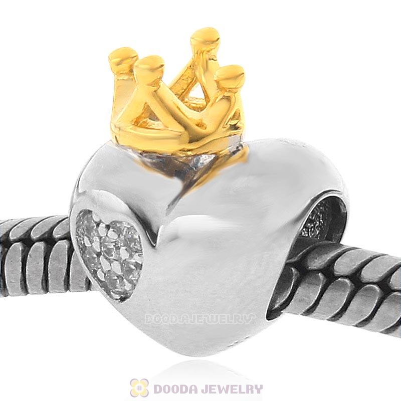 925 Sterling Silver Crowned Heart with Clear CZ Bead