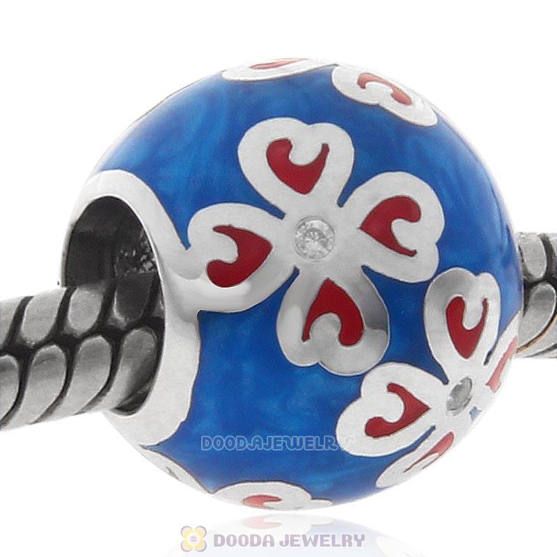 925 Sterling Silver Blue Enamel Clover Charm Bead