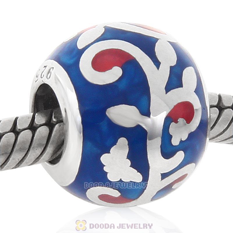 925 Sterling Silver European Style Swirl Blue Enamel Bead