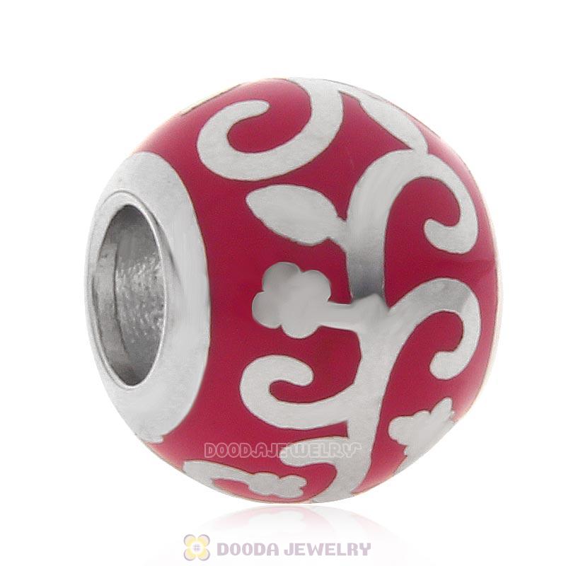 925 Sterling Silver European Style Swirl Red Enamel Bead