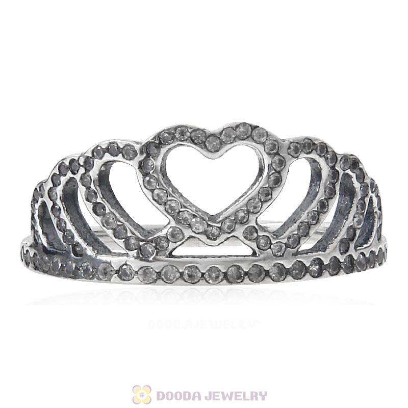 925 Sterling Silver Hearts Tiara Ring with Clear CZ
