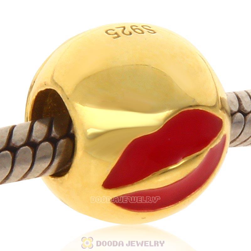 Gold Plated 925 Sterling Silver Emoji Red Lip Face Beads