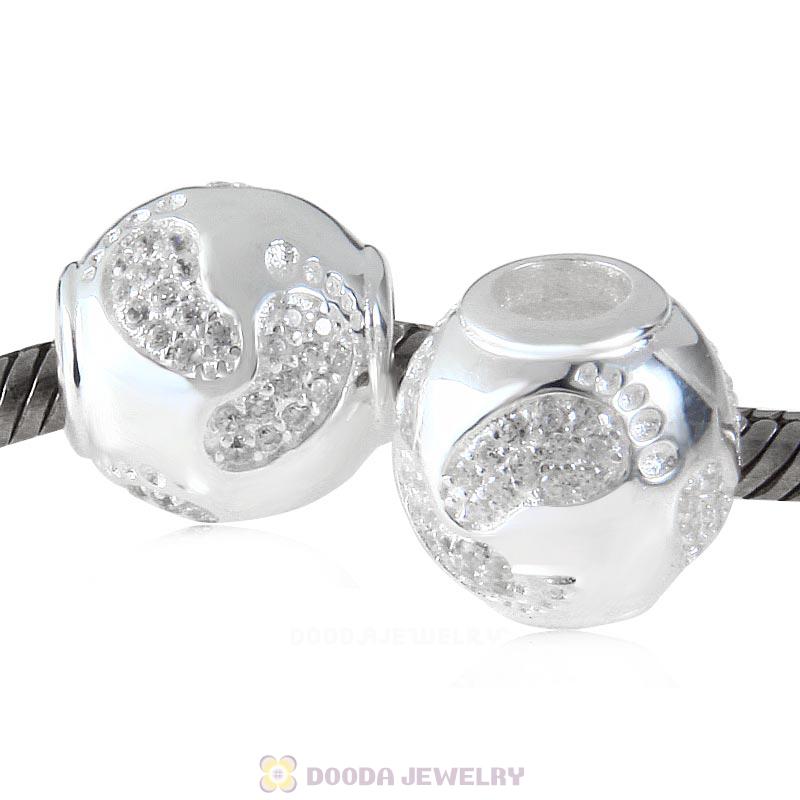 925 Sterling Silver Baby Footprint Charm Bead with Clear Stone