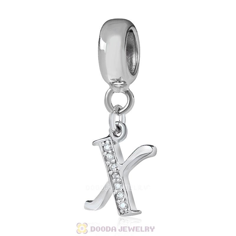 925 Sterling Silver Dangle Letter X Beads with CZ Stone