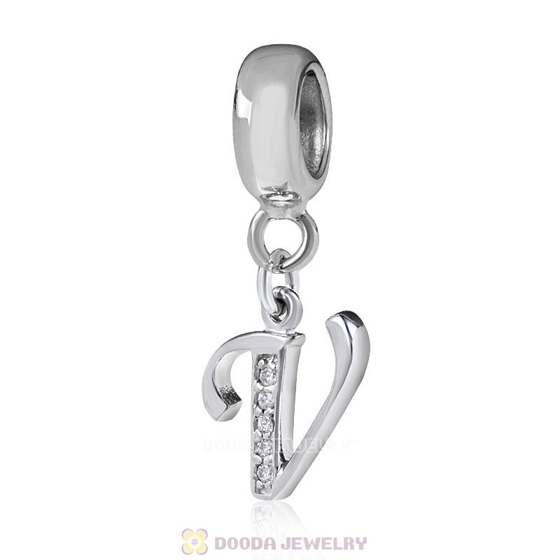 925 Sterling Silver Dangle Letter V Beads with CZ Stone