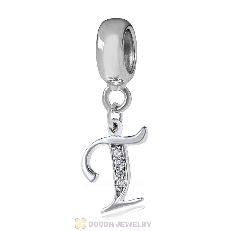925 Sterling Silver Dangle Letter T Beads with CZ Stone